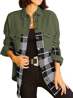 Women's Long Sleeve Shacket Jacket Button Down Plaid Shirts with Pockets